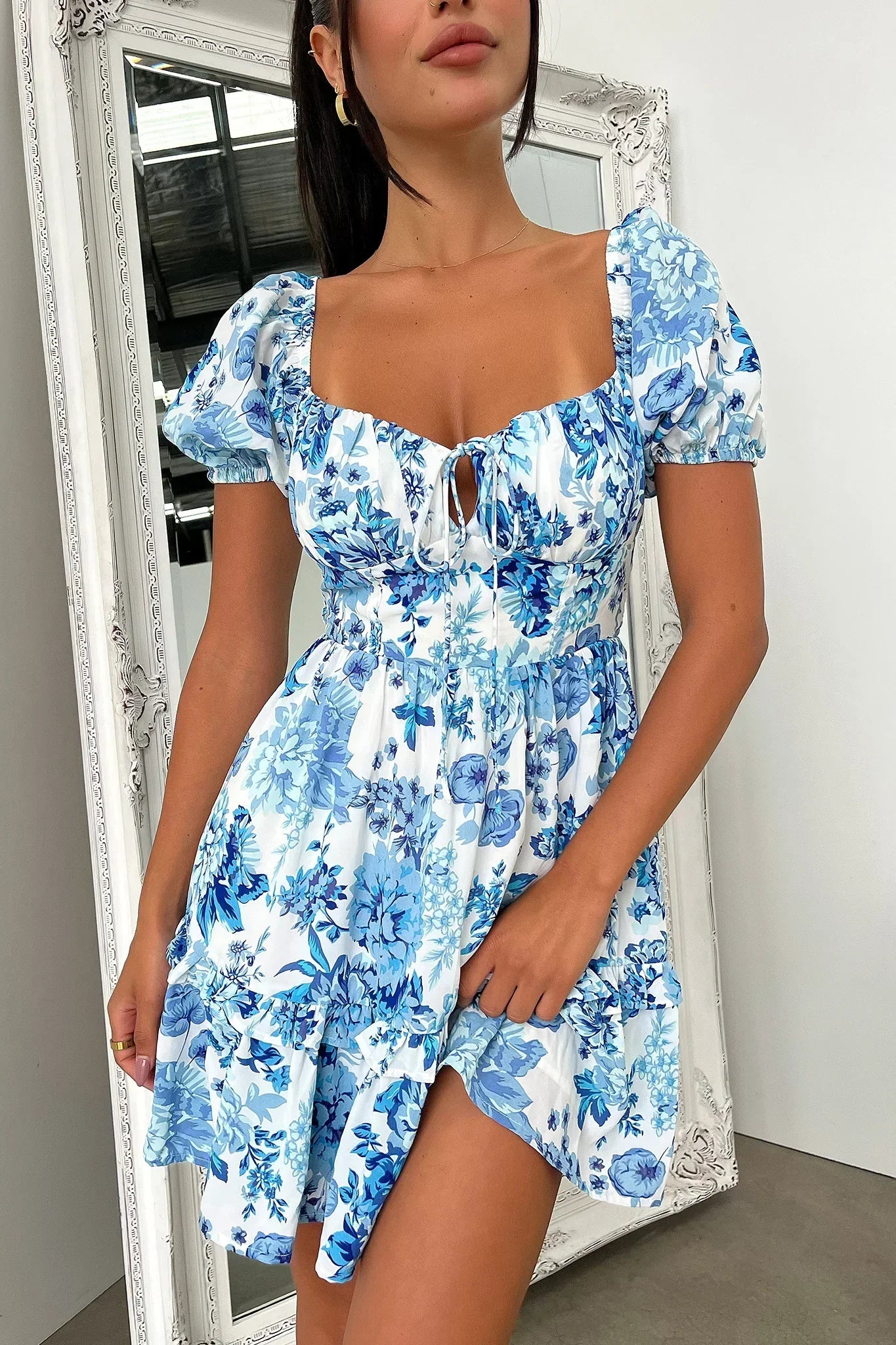 Taleah Puff Sleeve Mini Dress - Blue Floral