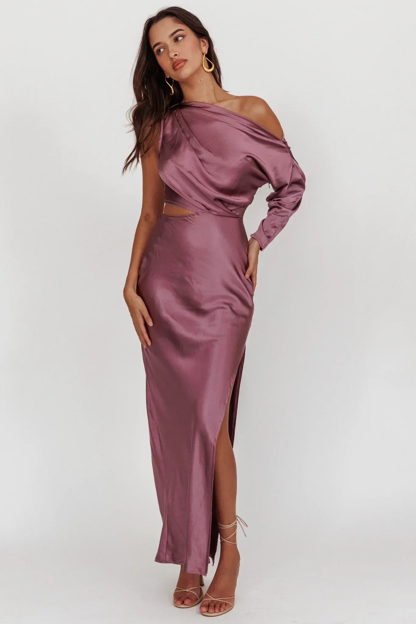 See You Again One Sleeve Maxi Dress Grape