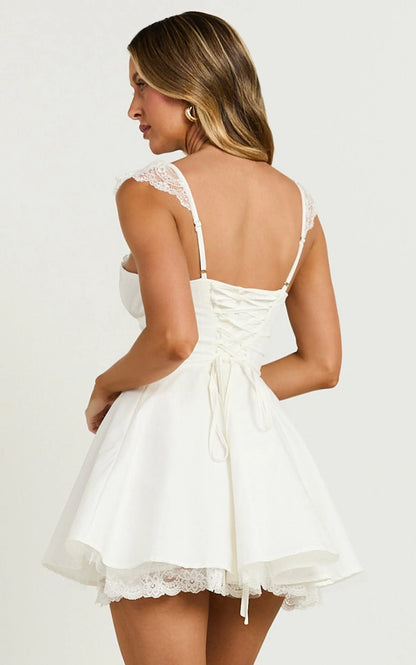 Adalee Mini Dress - Sleeveless Ruched Bodice Lace Trim Dress in Off White