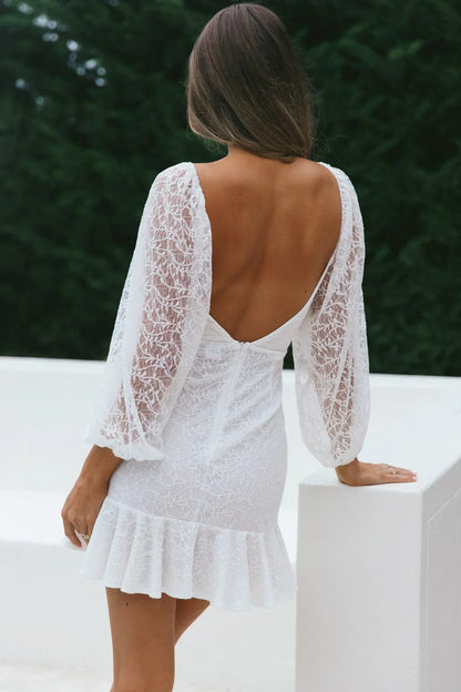 Halley Balloon Sleeve Frill Bust Flounce Hem Lace Dress White