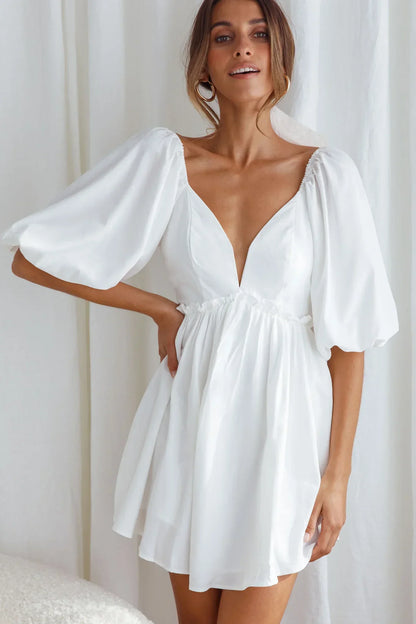 Always Dreaming Puff Sleeve Structured V-Neckline Mini Dress White